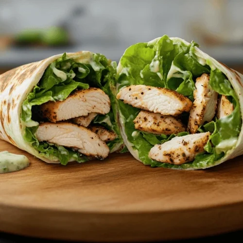 A close-up of a freshly made chicken Caesar wrap, cut in half to reveal grilled chicken, lettuce, and Caesar dressing inside a soft tortilla."