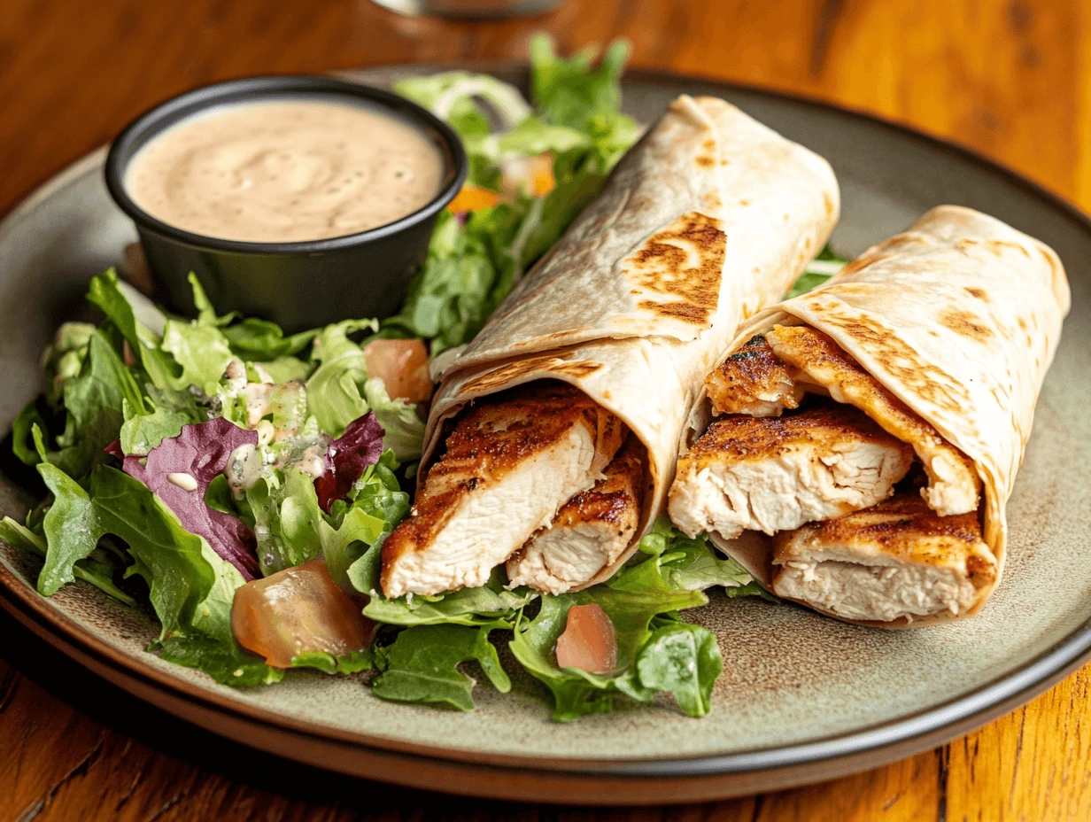 "Two chicken Caesar wraps cut in half and served on a plate with a side of dipping sauce and a small salad.