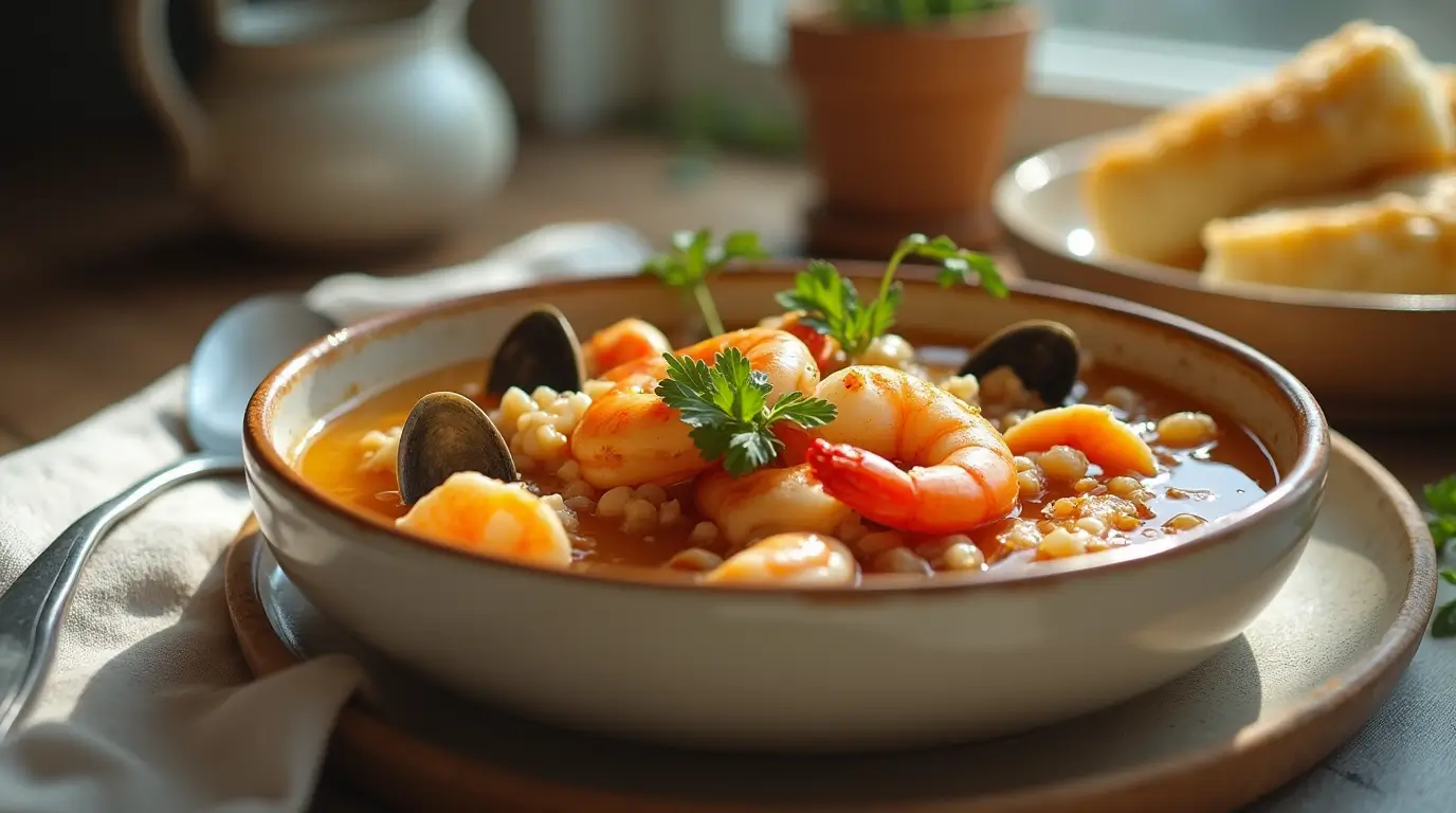 A bowl of clam shrimp broth garnished with herbs and served with a slice of garlic bread.