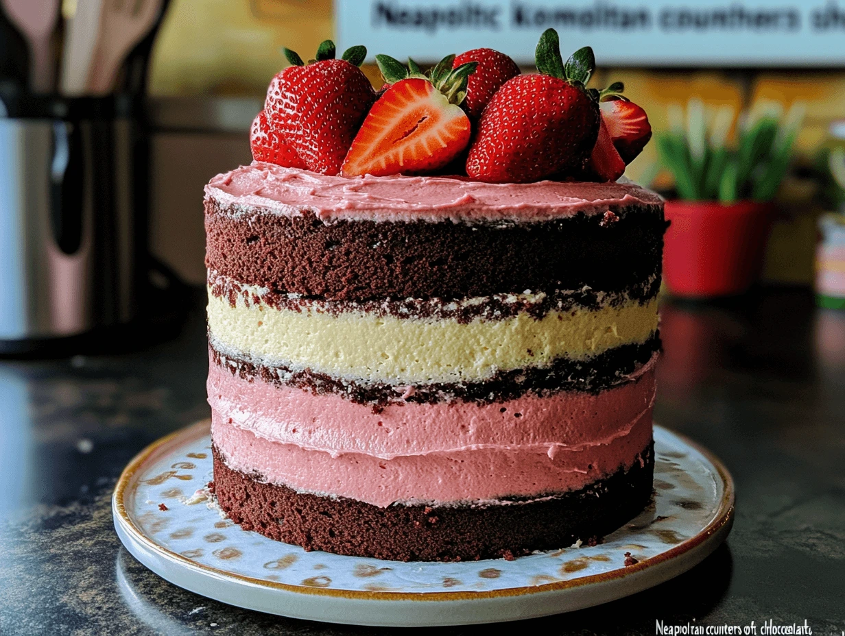 A homemade Neapolitan cake with layers of chocolate, vanilla, and strawberry, frosted with colorful buttercream.”