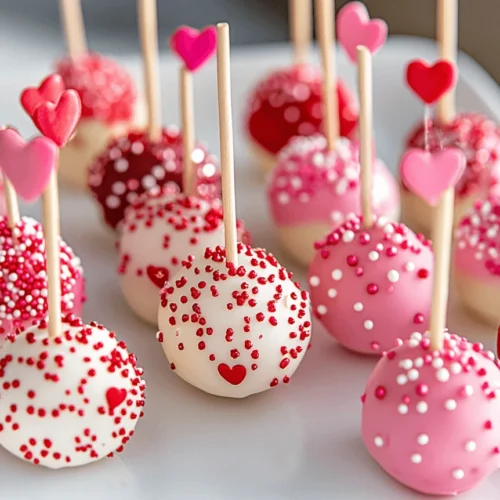 A tray of fully decorated Valentine’s cake pops, ready to serve, with heart-shaped sprinkles and colorful icing.