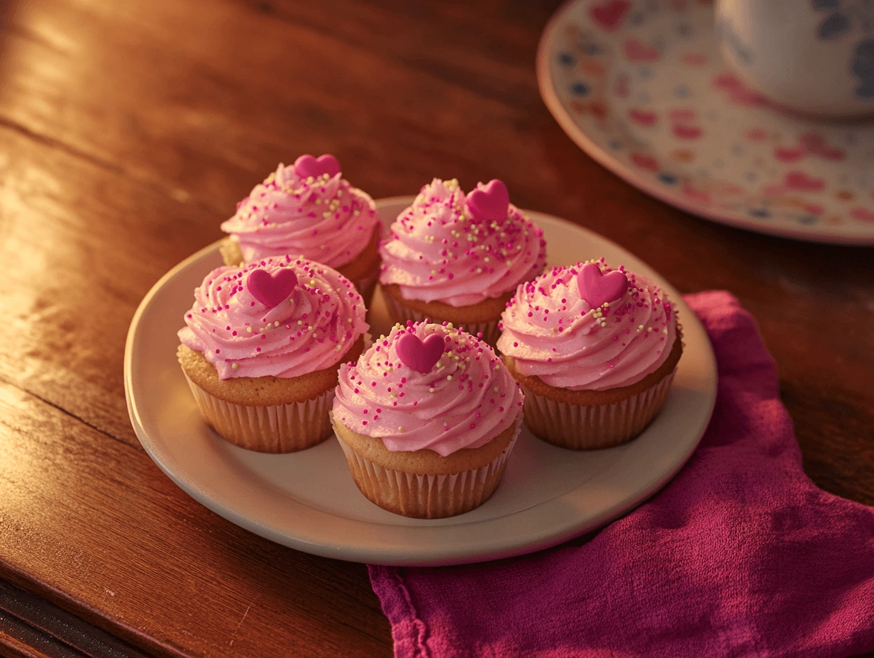 A plate of pink frosted Valentine's cupcakes with heart-shaped sprinkles and edible glitter on a wooden table.