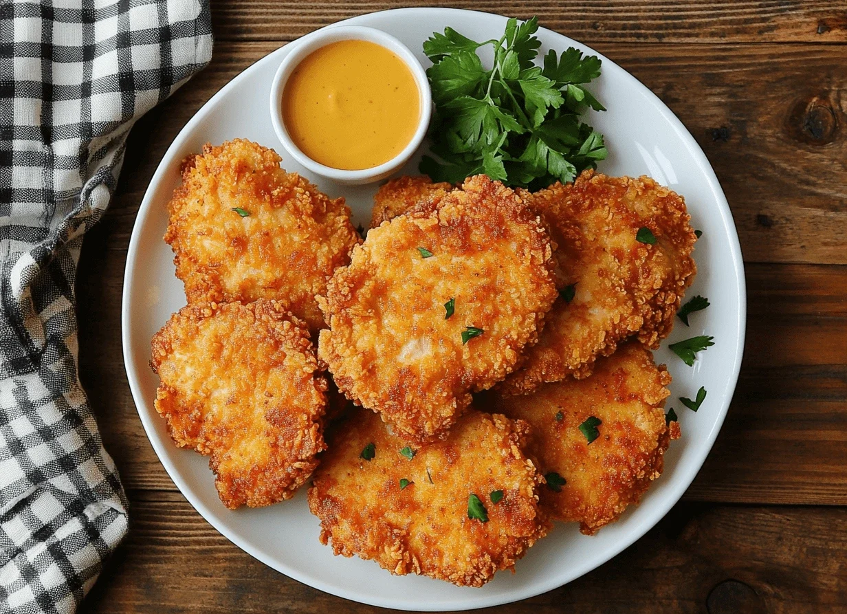 A plate of crispy, golden-brown air fryer chicken cutlets garnished with parsley, served with dipping sauce on a wooden table.”