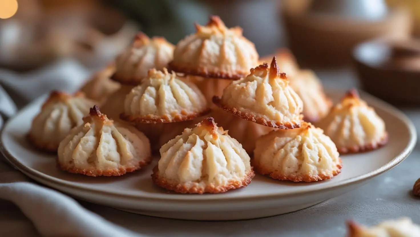 A plate of golden almond macaroons with a chewy inside, ready to be served.