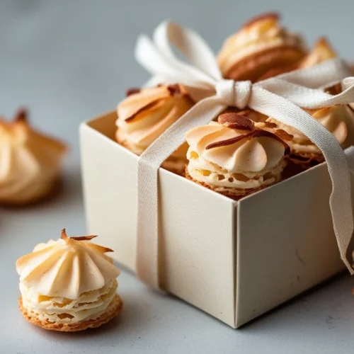 A gift box filled with almond macaroons, tied with a ribbon, ready to be given as a gift.