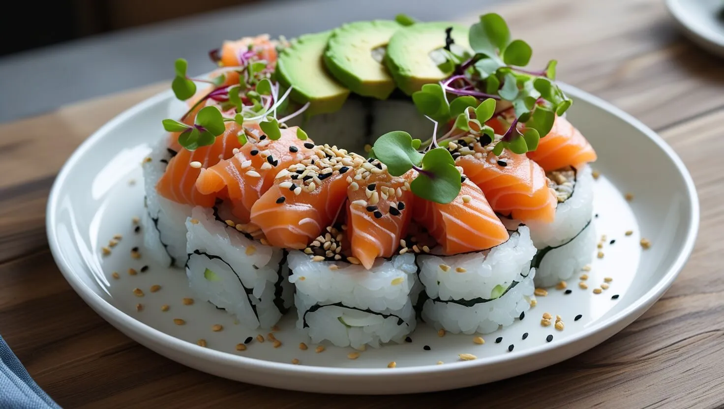 A step-by-step process of layering sushi rice, fish, and vegetables to form a sushi cake.