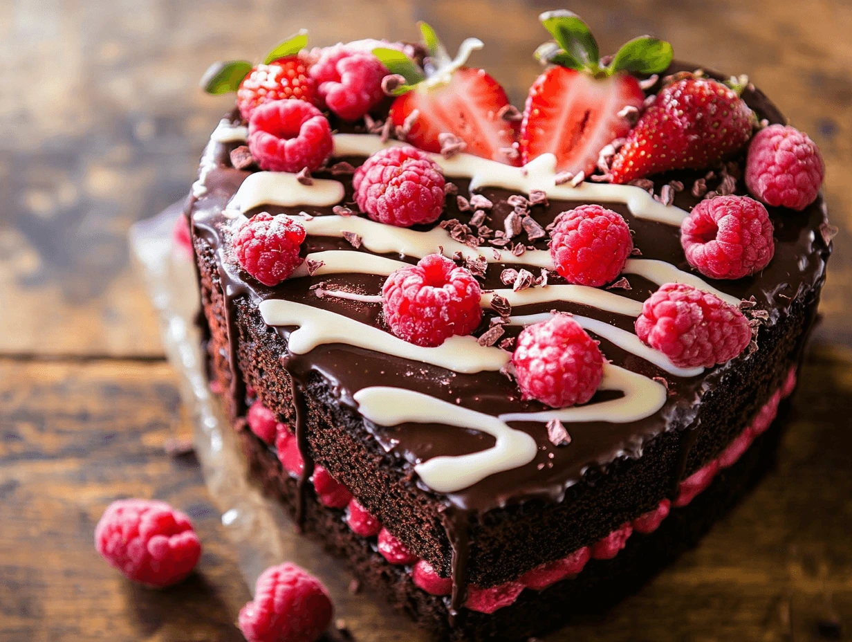 A beautifully decorated heart-shaped chocolate cake with fresh strawberries and white chocolate drizzle, sitting on a rustic wooden table.