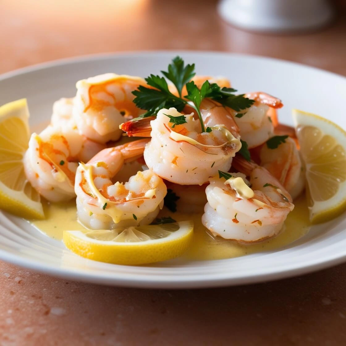 A plate of golden, pan-fried shrimp Francese covered in a rich lemon-butter sauce, garnished with fresh parsley and lemon slices