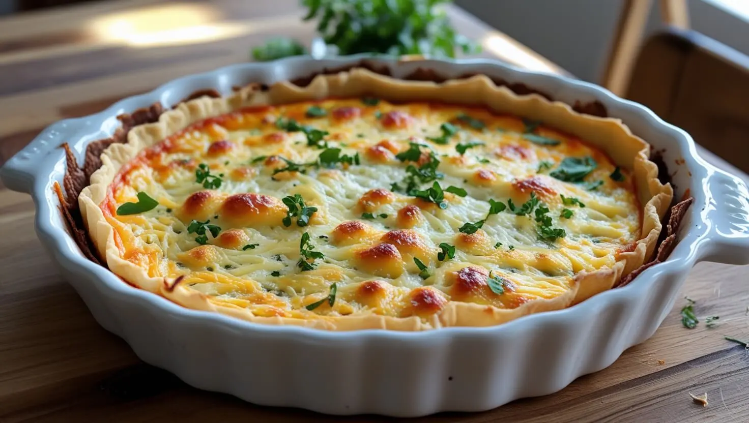 Freshly baked tortilla quiche bake in a casserole dish, topped with melted cheese and herbs”