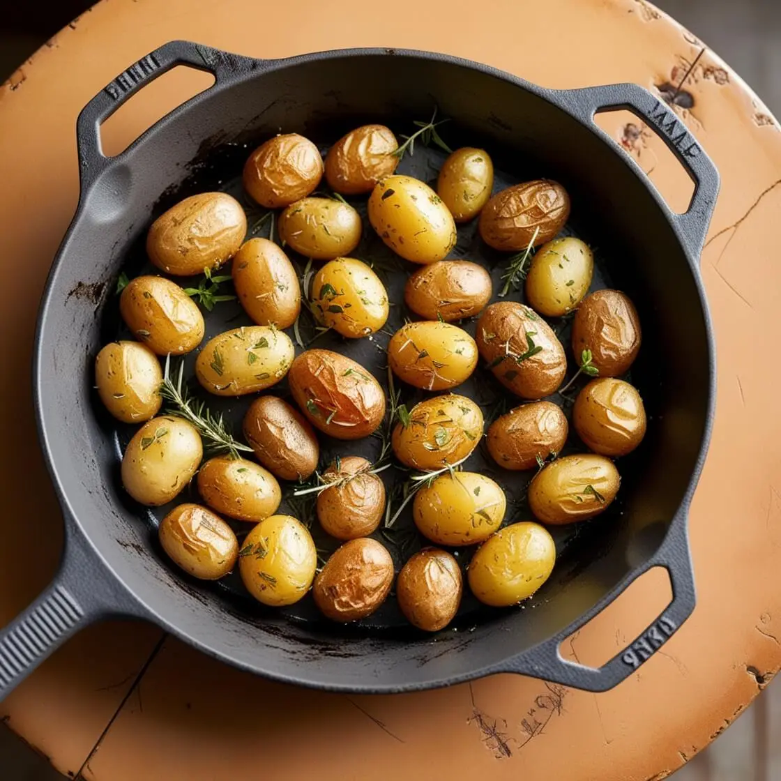 Close-up of golden-brown roasted marble potatoes seasoned with herbs, served in a cast iron skillet."