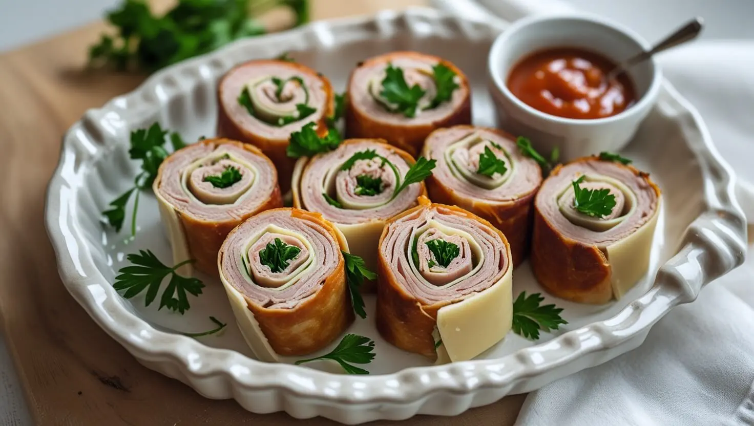 A close-up of freshly made Swiss Turkey Rolls on a white plate, garnished with fresh herbs, with a side of dipping sauce."