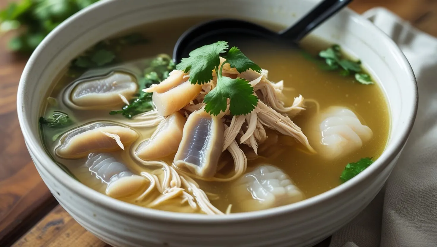 A bowl of homemade fish maw soup with chicken, garnished with cilantro and red chili slices, served on a rustic wooden table.