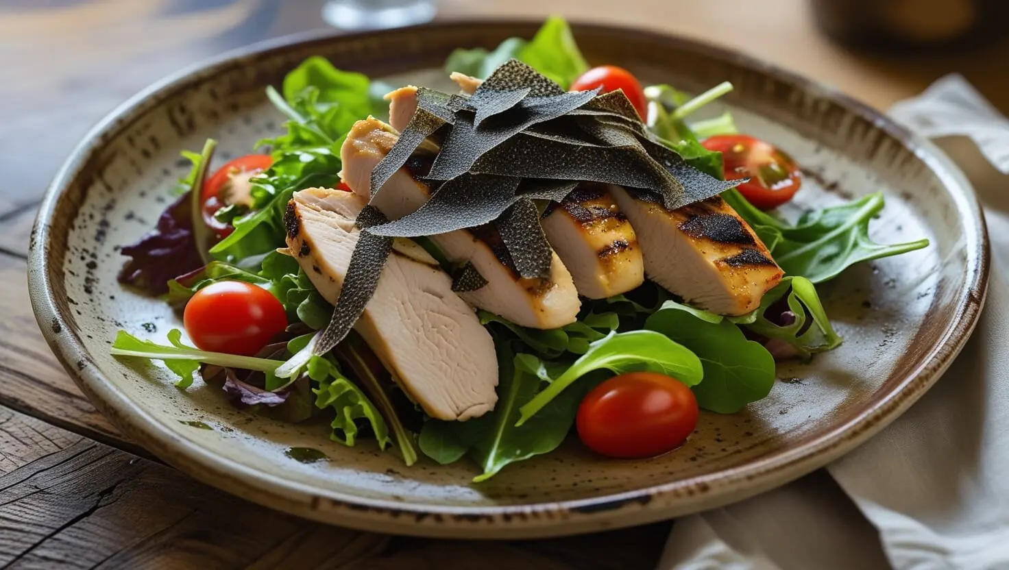 A freshly prepared black truffle chicken salad served on a rustic ceramic plate, garnished with truffle shavings and fresh herbs.