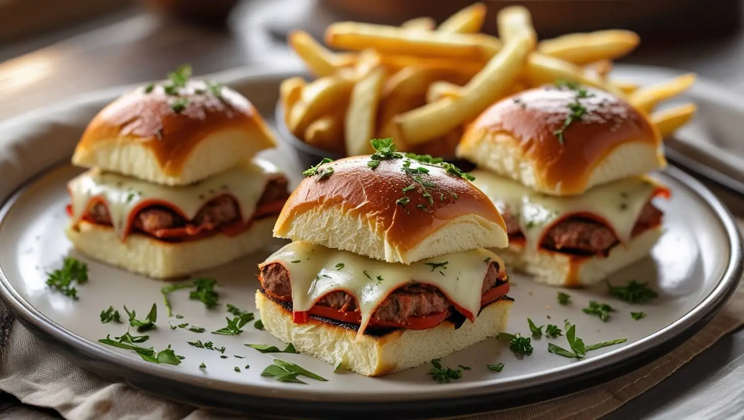 "A plate of freshly made chopped Italian sliders with melted cheese, herbs, and a side of crispy fries."