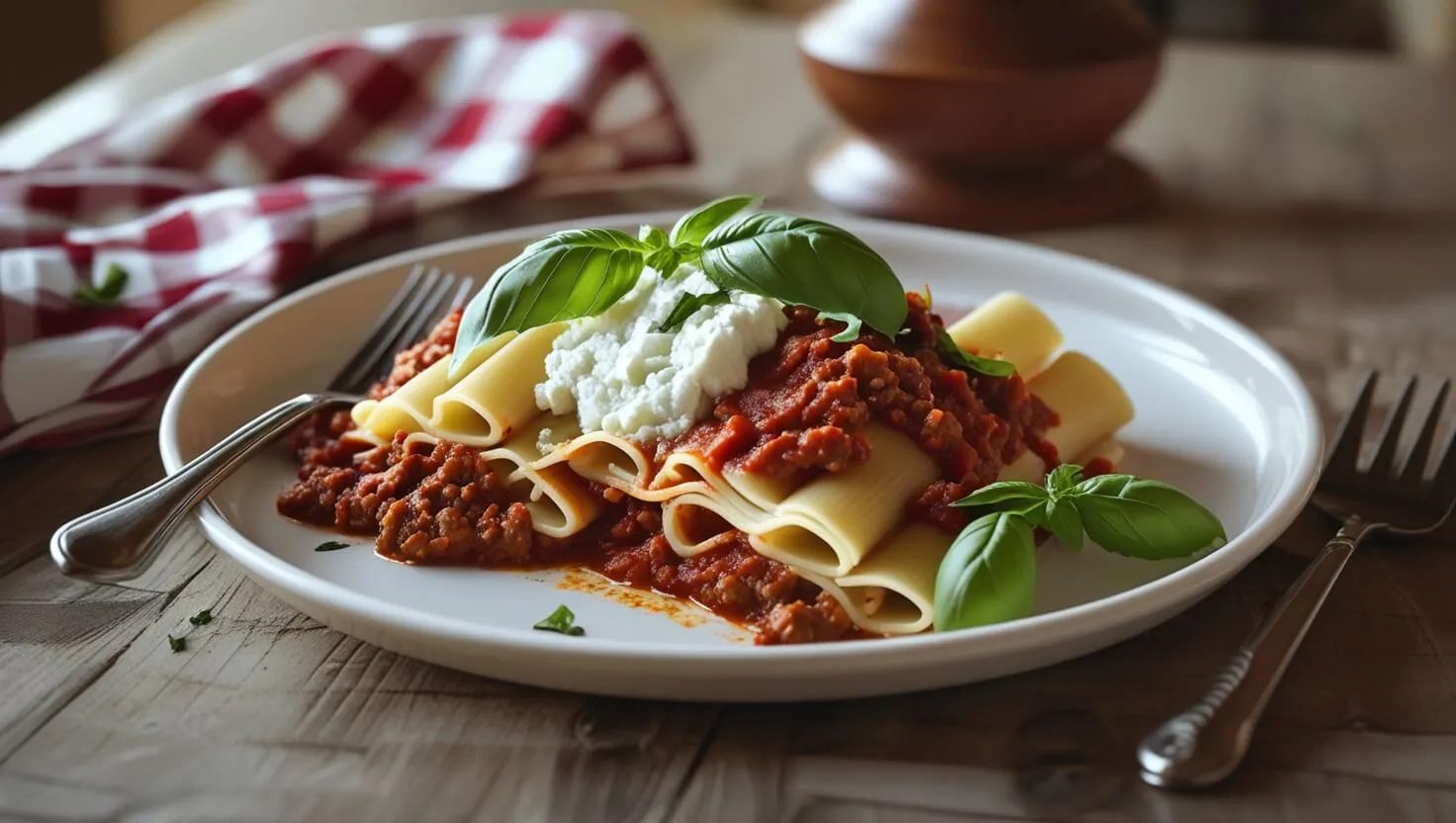 A serving of deconstructed lasagna on a white plate with pasta, meat sauce, ricotta, and fresh basil, placed on a wooden table.