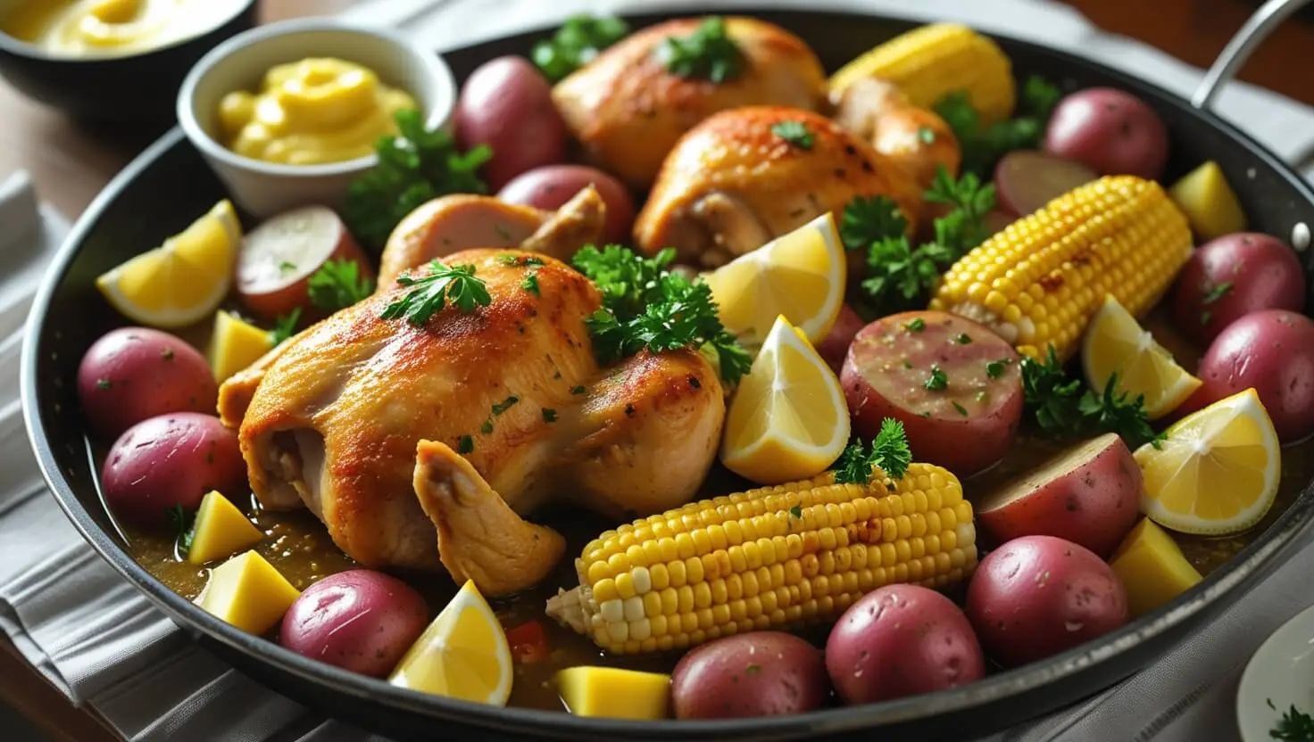 A big platter of Cajun chicken boil served with extra Cajun butter, garnished with fresh parsley and lemon wedges, ready to eat.