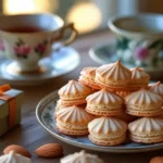 A batch of golden-brown almond macaroons cooling on a metal rack.