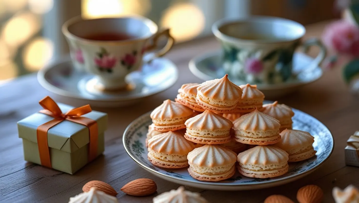 A batch of golden-brown almond macaroons cooling on a metal rack.