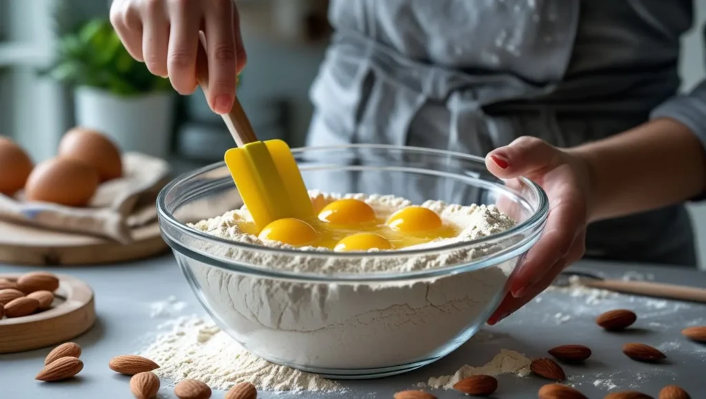 A hand folding whipped egg whites into almond flour in a mixing bowl with a spatula.