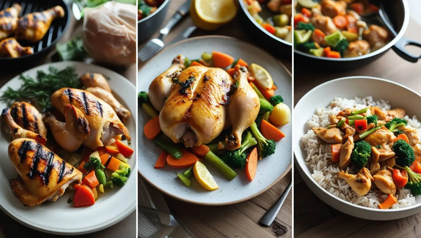 A plated chicken dinner featuring a baked chicken breast with roasted vegetables and a side of rice."