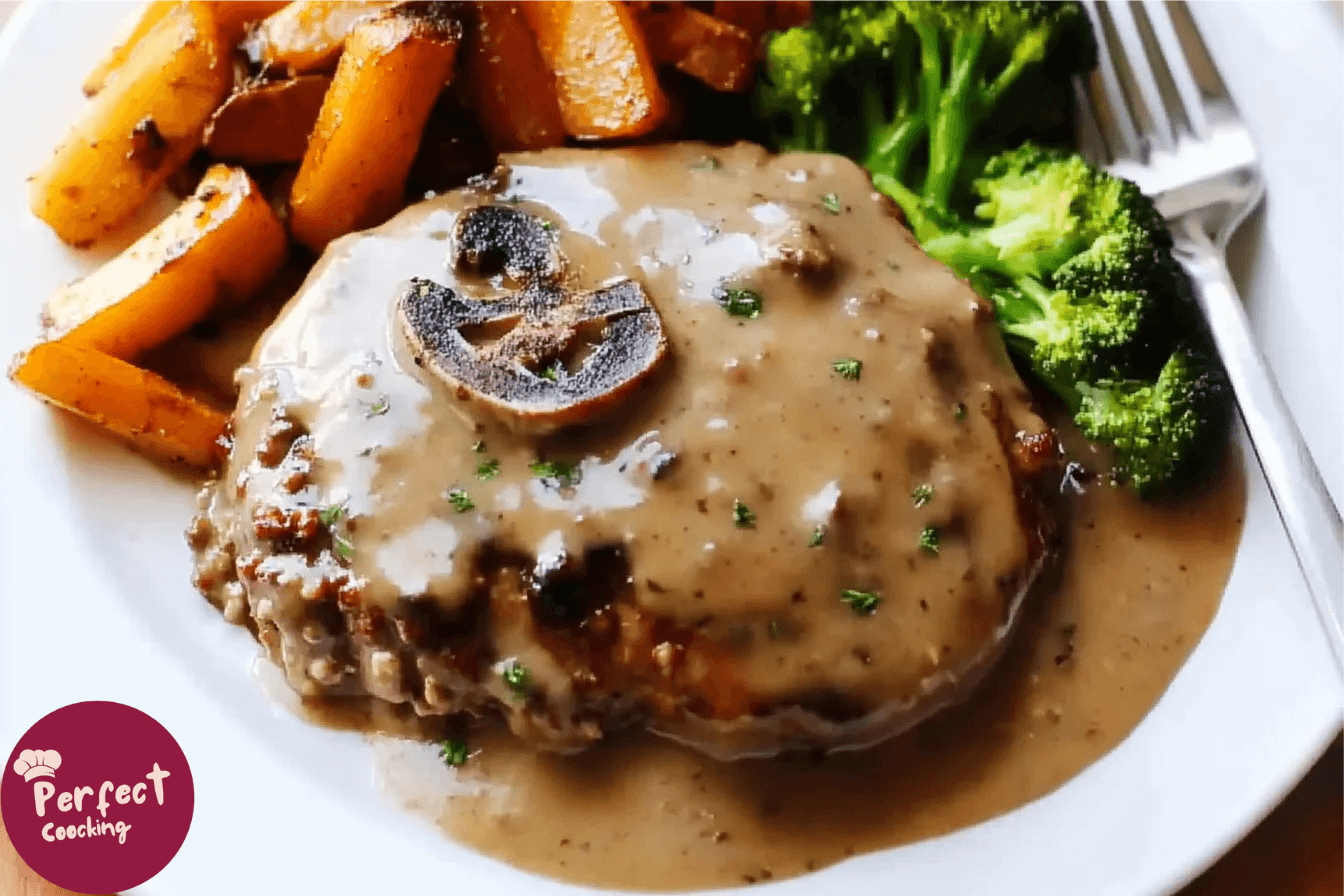 Plate of Salisbury steak made with ground chicken and smothered in gravy, served with mashed potatoes.