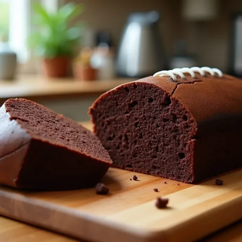 A football-shaped chocolate cake sliced open to reveal its rich, moist interior, displayed on a serving board.
