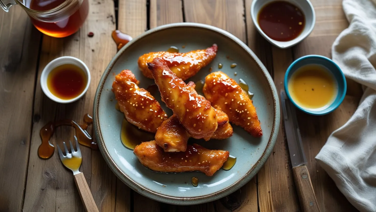 A plate of hot honey chicken tenders drizzled with sticky glaze, served with dipping sauces on a rustic table.