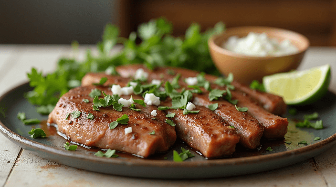 A plate of delicious lengua de res with toppings like cilantro, onion, and lime on the side.