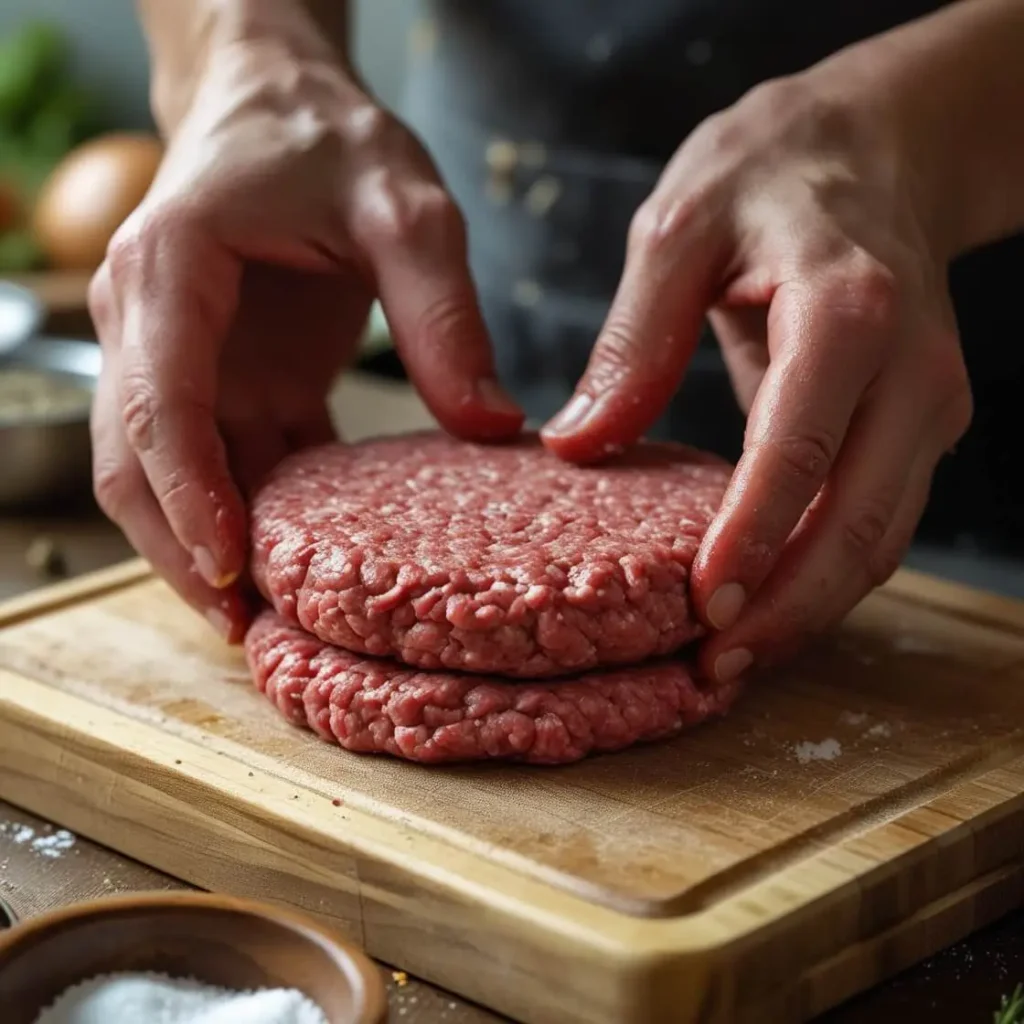 A person shaping homemade burger patties on a cutting board, with a beef patty visible.