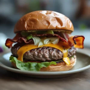 A delicious carnivore burger with beef patty, crispy bacon, melted cheese, and toppings.