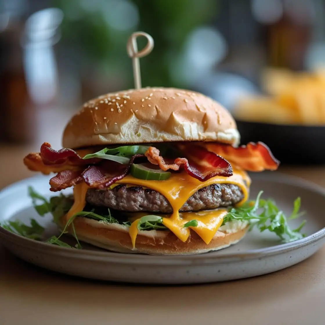 A delicious carnivore burger with beef patty, crispy bacon, melted cheese, and toppings.