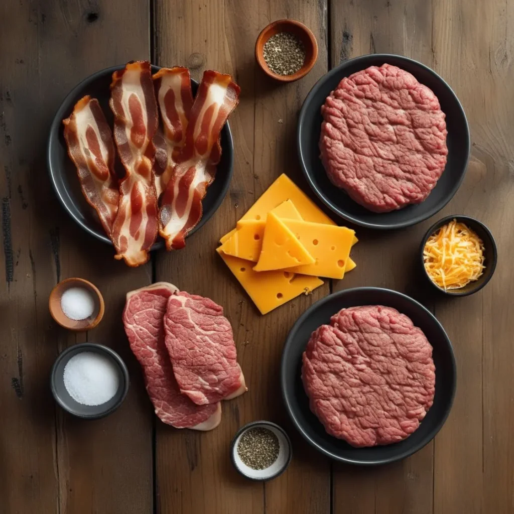 A flat lay photo of all the ingredients for a carnivore burger: beef, bacon, cheese, and seasoning.