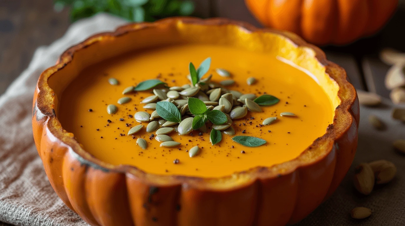 A hearty pumpkin bowl soup topped with roasted seeds and garnished with fresh herbs."