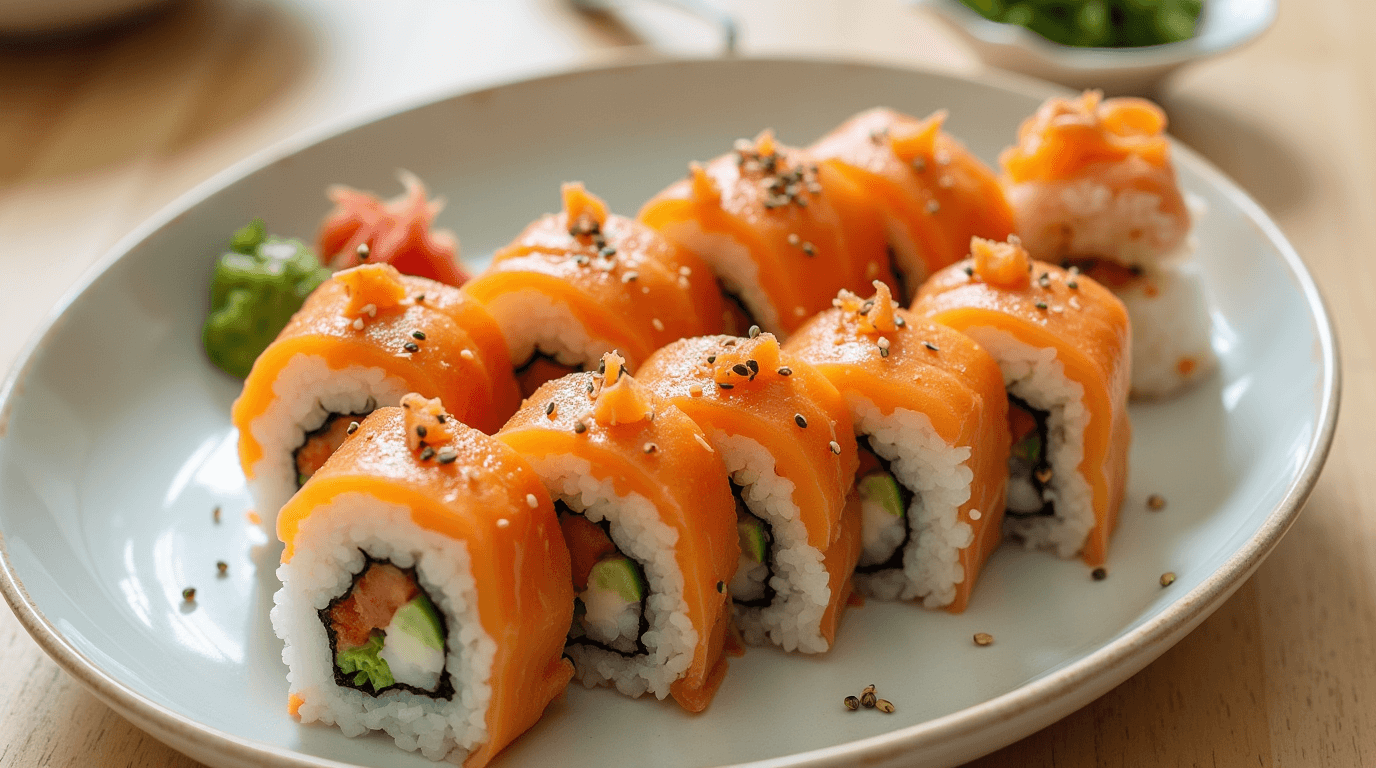 A close-up image of salmon tempura rolls on a plate, garnished with sesame seeds and served with pickled ginger and wasabi.