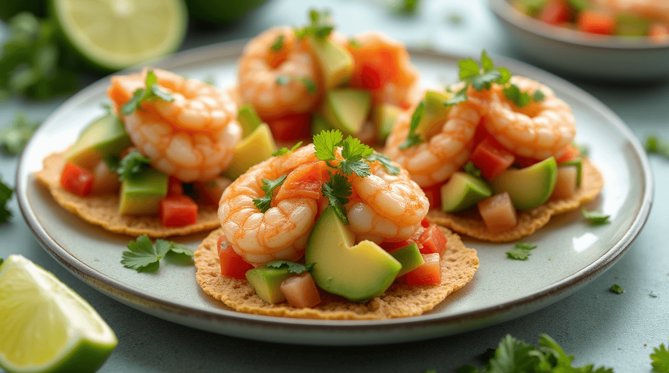 Colorful Tostadas de ceviche topped with shrimp, avocado, and fresh vegetables, served with lime wedges.