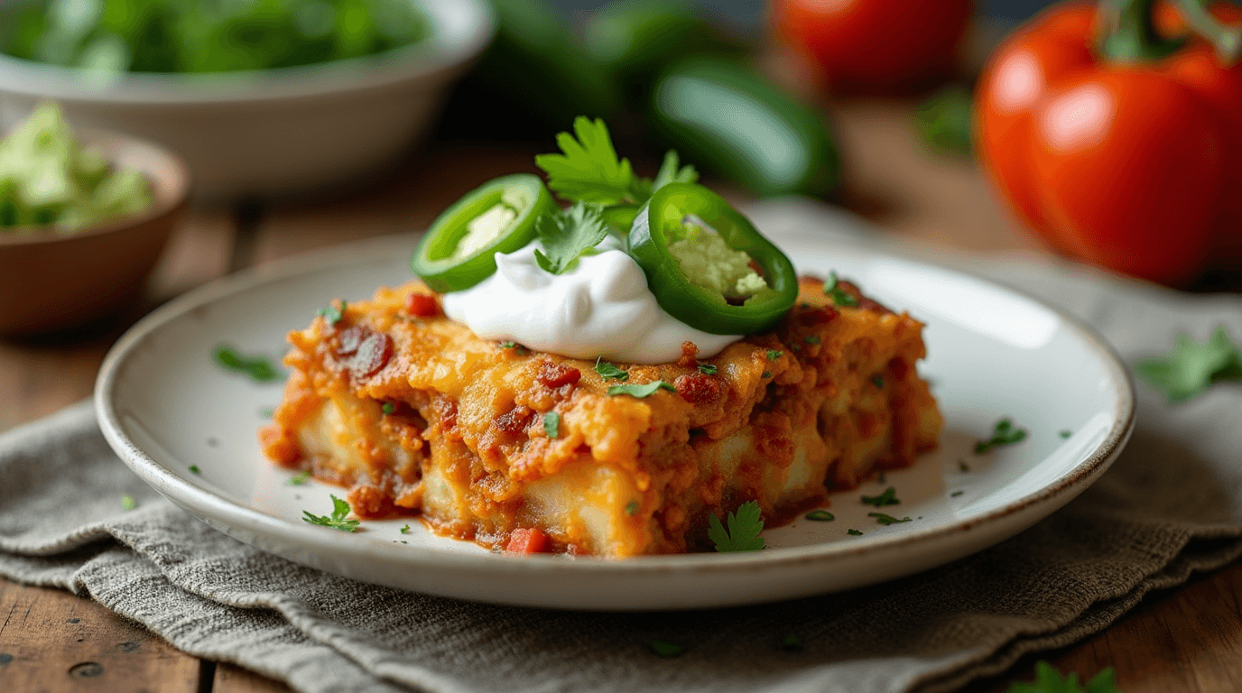 delicious Taco Potato Casserole topped with cheese, sour cream, and fresh cilantro, ready to be enjoyed."