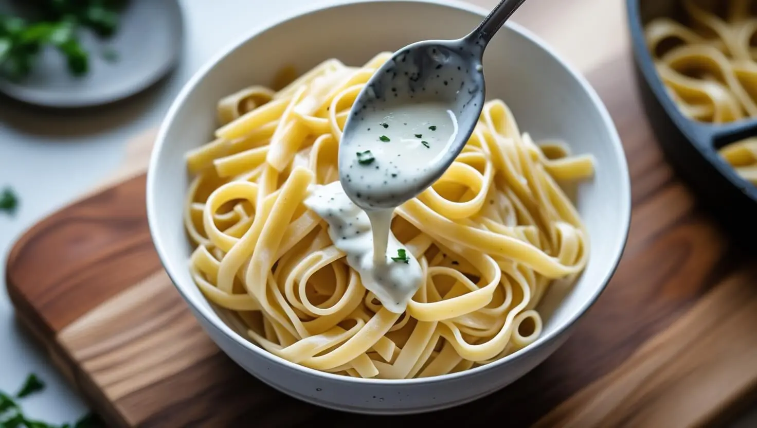 A bowl of fettuccine pasta topped with creamy white sauce being drizzled from a spoon