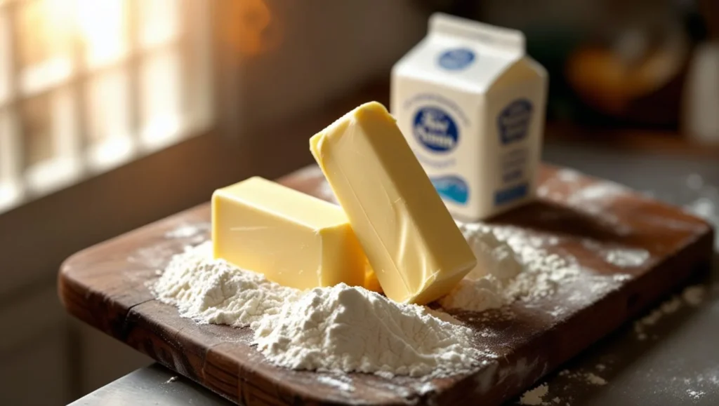 Butter, flour, and a jar of cream arranged on a wooden cutting board