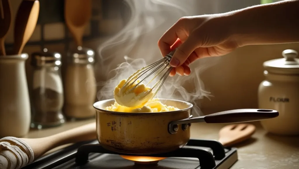 A hand whisking butter and flour in a small saucepan on the stove