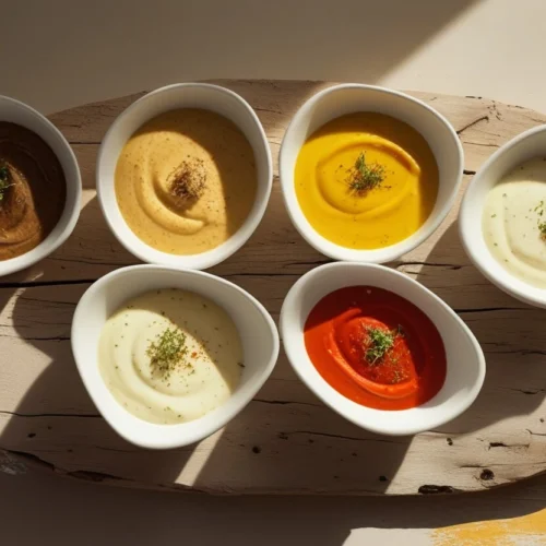 Five small bowls each containing a different colored cream sauce variation on a rustic table