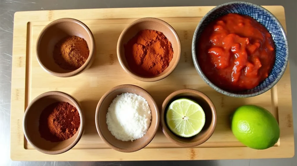 A wooden board with small bowls containing tomato paste, paprika, cumin, chili powder, garlic cloves, and lime.