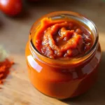 A small glass jar filled with vibrant red Tex Mex paste on a kitchen counter.