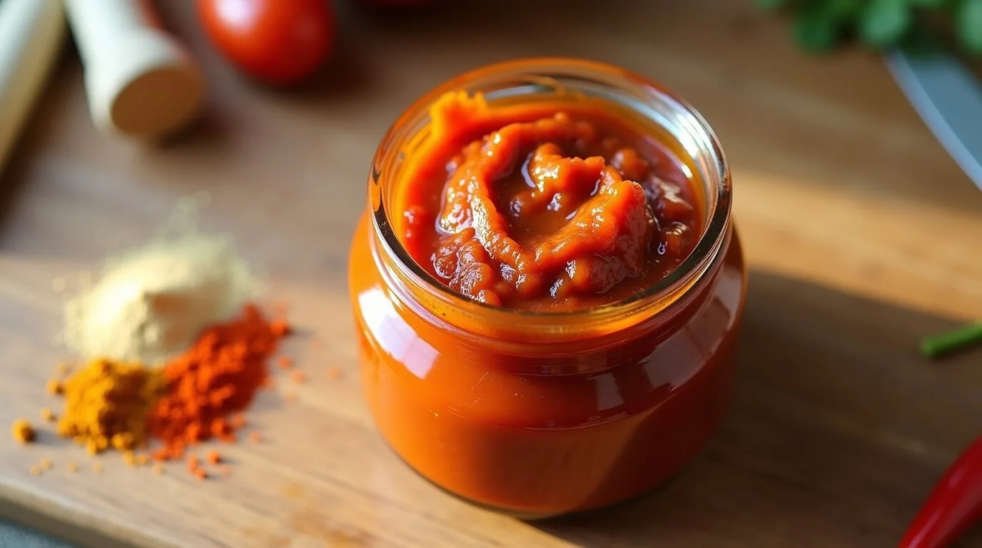 A small glass jar filled with vibrant red Tex Mex paste on a kitchen counter.
