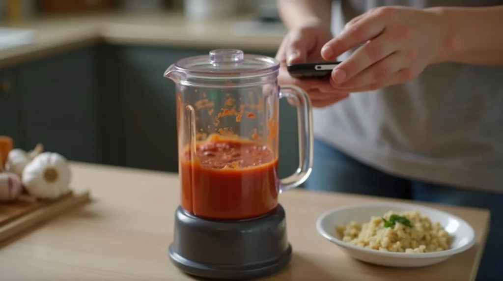 A close-up of someone using a small blender to mix homemade Tex Mex paste.