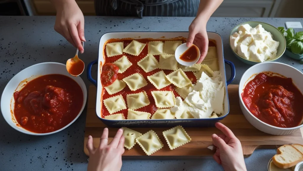 Hands layering sauce, ravioli, and cheese in a baking dish before baking.